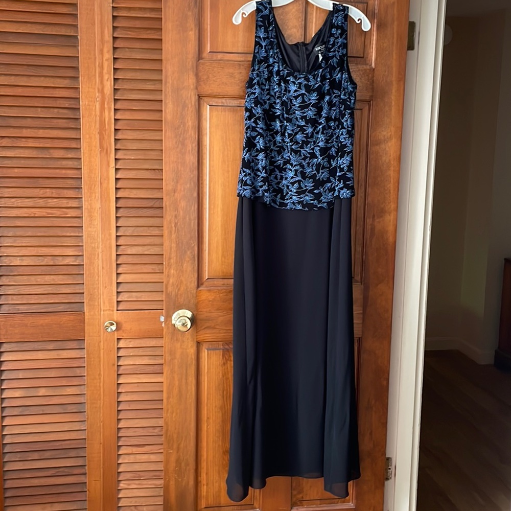 Formal Black Dress with Blue Floral Accents, Size 16